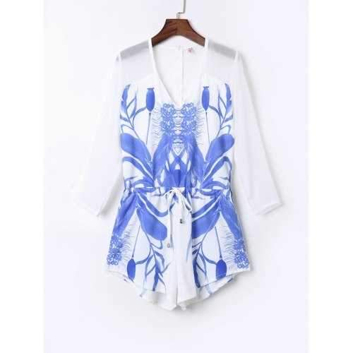 Stylish V-Neck Long Sleeve Floral Print Drawstring Design Women's Playsuit - White L
