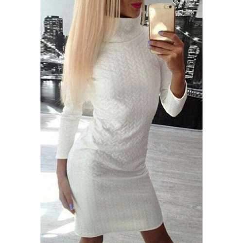 Stylish Turtle Neck Long Sleeve Solid Color Bodycon Women's Sweater Dress - White M