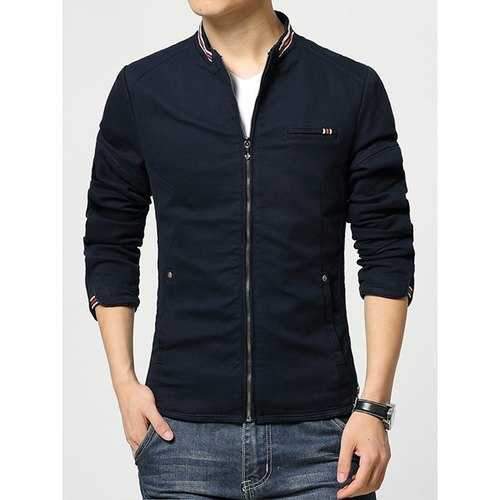 Color Block Striped Braid Spliced Patch Pocket Slimming Stand Collar Long Sleeves Men's Jacket - Blue 2xl