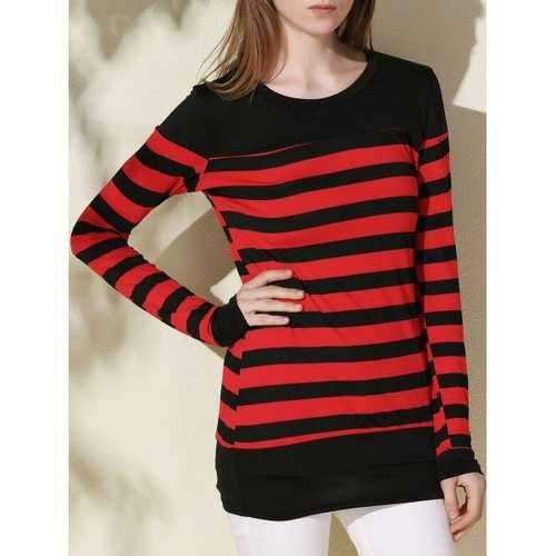Long Sleeve Striped Tunic Tee - Black And Red Xl