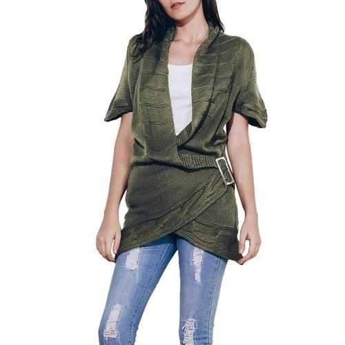 Shawl Collar Buckled Surplice Sweater Dress - Army Green S