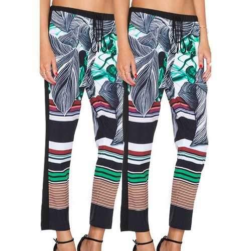 Chic Leaf and Stripe Printed Ankle Leggings For Women - L