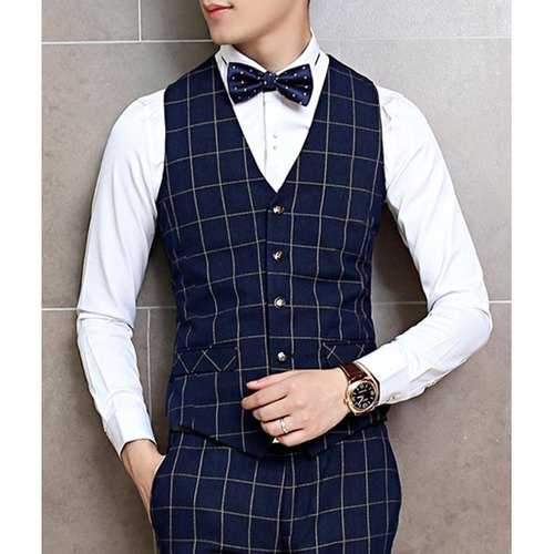 V-Neck Checked Pattern Belt Design Sleeveless Men's Waistcoat - Deep Blue M