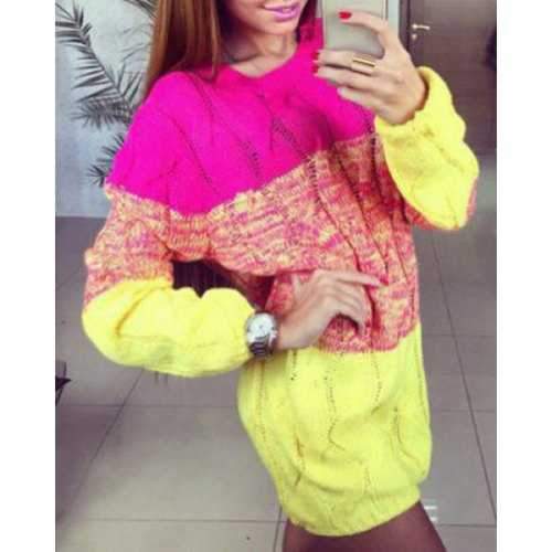 Graceful Round Collar Long Sleeve Color Block Women's Sweater Dress - Yellow One Size(fit Size Xs To M)