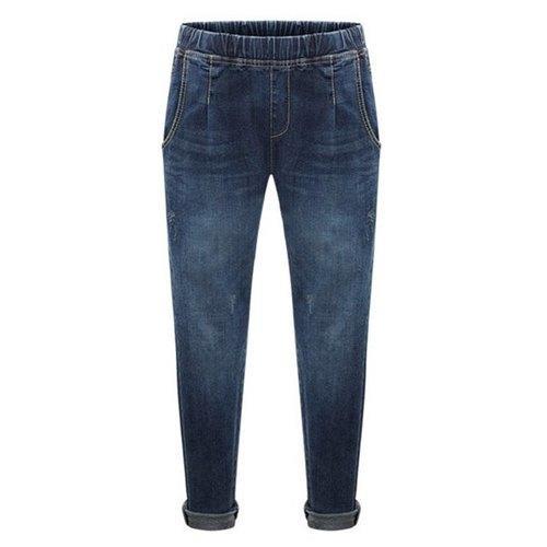 Casual Elastic Waist Zipper Design Bleach Wash Jeans For Women - Deep Blue 3xl