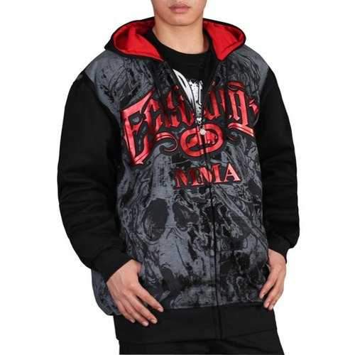 Drawstring Hooded Abstract Letters Skulls Print Front Pocket Long Sleeves Men's Thicken Hoodie - Black 2xl