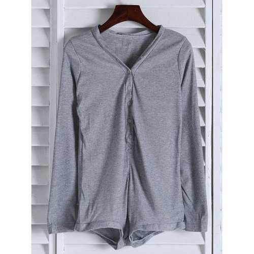 Trendy V Neck Long Sleeve Solid Color Button Design Women's Bodysuit - Gray 2xl