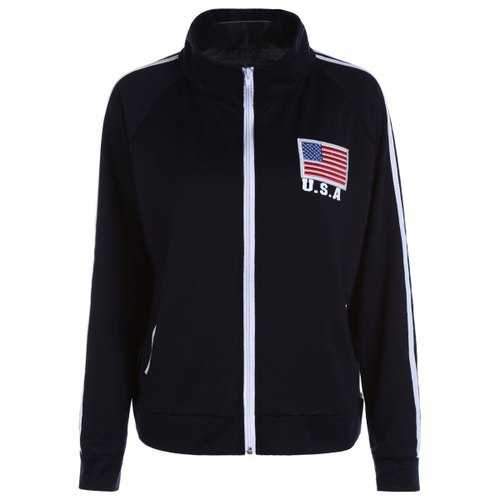 Stripes Spliced Zipper Pocket American Flag Letters Print Stand Collar Long Sleeves Men's Sweatshirt - Cadetblue M