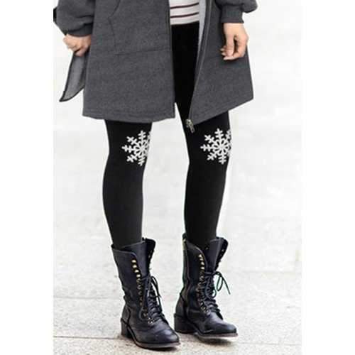Cute Elastic Waist Snowflake Pattern Leggings For Women - Black Xl