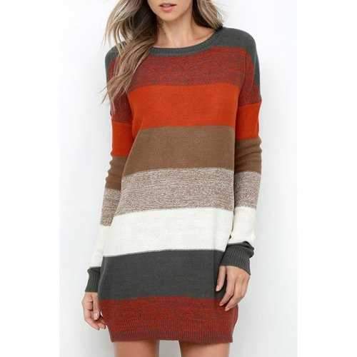 Stylish Round Neck Long Sleeve Striped Women's Sweater Dress - Red S