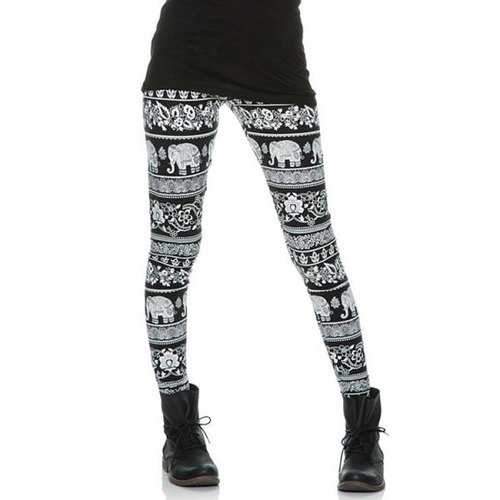 Slimming Elephant Print Skinny Women's Thick Leggings - Black S