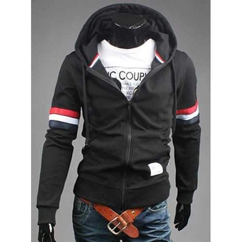 Vogue Drawstring Hooded Colorful Striped Braid Spliced Front Pocket Men's Long Sleeves Hoodie - Black Xl
