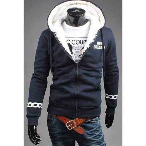Hot Sale Fur Collar Letters Chain Print Front Pocket Slimming Long Sleeves Men's Thicken Hoodie - Cadetblue M
