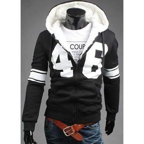 Number Print Front Pocket Color Block Slimming Fur Collar Long Sleeves Men's Thicken Hoodie - Black Xl