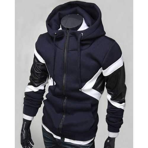 Hit Color PU Leather Spliced Triangle Pattern Front Pocket Drawstring Hooded Long Sleeves Men's Hoodie - Cadetblue M