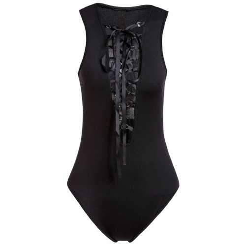 Plunging Neck Sleeveless Lace Up High Cut Bodysuit - Black S
