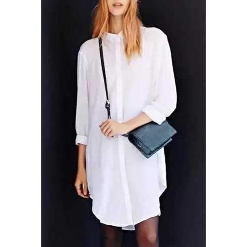 Brief Polo Collar Solid Color Long Sleeve Long Blouse For Women - White M