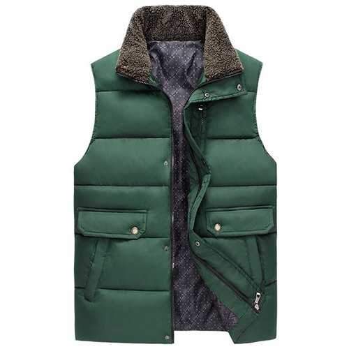 Fleece Turn-Down Collar Pockets Design Sleeveless Cotton-Padded Men's Waistcoat - Green Xl