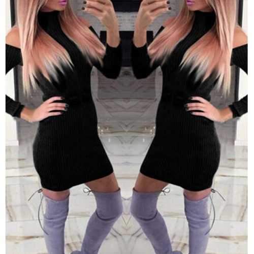 Trendy Turtleneck Long Sleeve Hollow Out Sweater Dress For Women - Black S