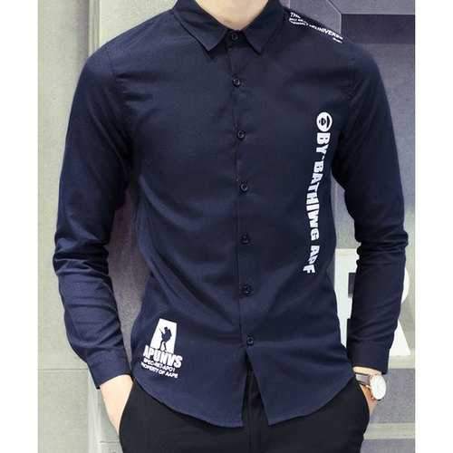 Turn-Down Collar Letters Print Long Sleeve Men's Shirt - Cadetblue 2xl