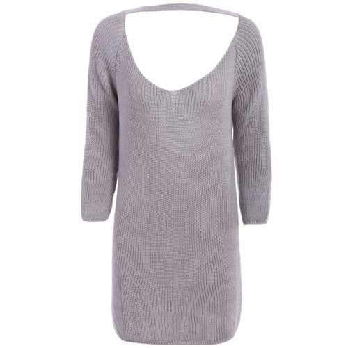 OL Style Women's Long Sleeve V-Neck Cut Out Pure Color Dress - Gray Xl
