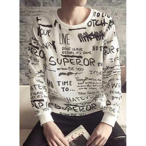 Modish Round Neck Hollow Out Letters Print Side Slit Slimming Men's Long Sleeves Sweatshirt - Xl