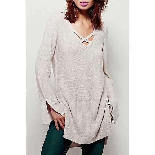 Charming Hollow Out V-Neck Solid Color Slit Pullover Sweater For Women - Apricot M