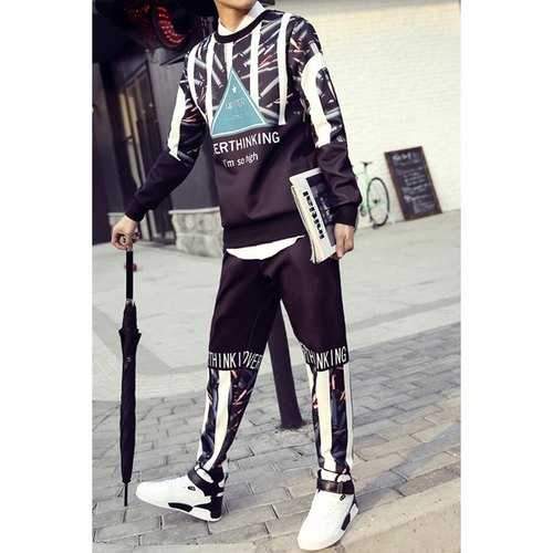 Round Neck 3D Cigarette Letters Stripes Triangle Print Long Sleeves Men's Sweatshirt+Pants - M