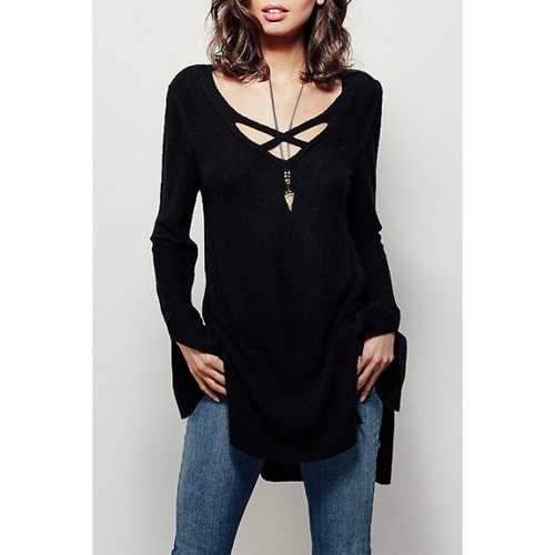 Casual V-Neck Long Sleeve Side Slit Women's Sweater Dress - Black M