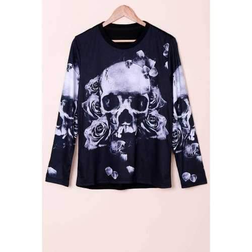 Casual Pullover Round Collar Long Sleeve Skull Flower 3D Printing Sweatshirt For Men - Black M
