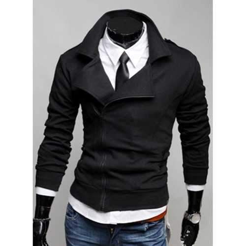 Slim Fit Turn Down Collar Solid Color Inclined Zipper Sweatshirt For Men - Black L
