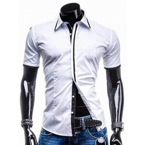 Turn-Down Collar Color Block Edging Short Sleeve Men's Shirt - White L