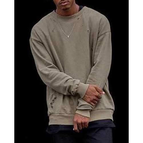 Round Neck Loose-Fitting Holes Design Long Sleeve Sweatshirt For Men - Olive Green Xl