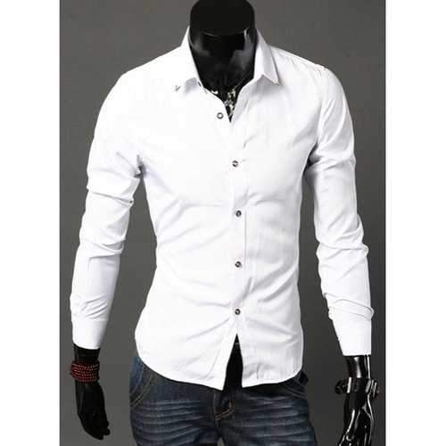 Turn-Down Collar Metal Detail Long Sleeve Simple Shirt For Men - White Xl
