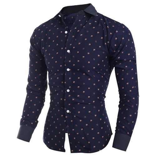 Turn-Down Collar Tiny Floral Print Long Sleeve Shirt For Men - Cadetblue L