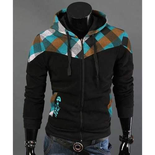 Hooded Color Block Plaid Splicing Long Sleeve Hoodie For Men - Black 2xl