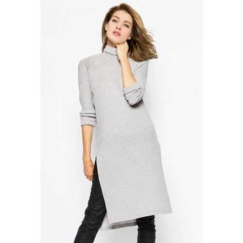 Stylish Turtle Neck Long Sleeve Solid Color Side Slit Sweater Dress For Women - Gray M