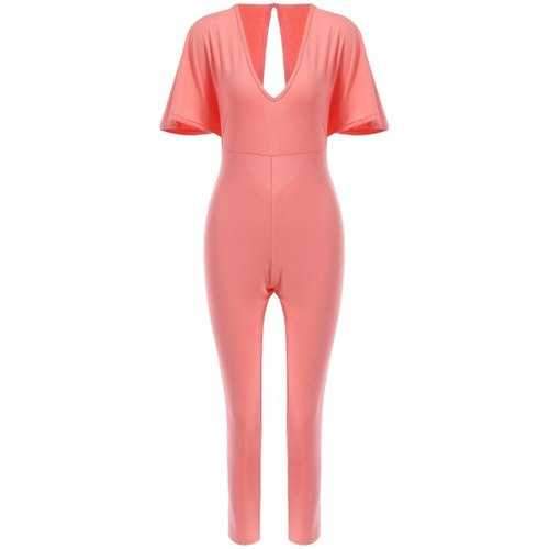 Sexy Plunging Neck Open Back Short Sleeve Jumpsuit For Women - Pink L
