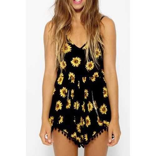 Sexy Spaghetti Straps Sunflower Print Waisted Romper For Women - Black L