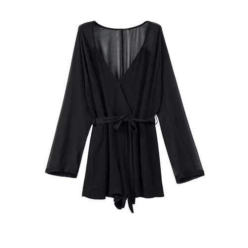 Stylish Deep V Neck Long Sleeve Self-Tie Belt Women's Romper - Black S