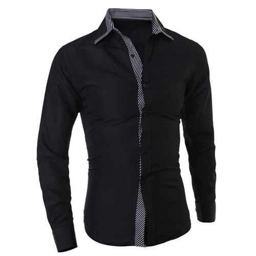 Turn-Down Collar Color Block Stripes Print Long Sleeve Slimming Men's Shirt - Black 2xl