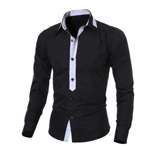 Casual Turn-Down Collar Color Block Spliced Slim Fit Long Sleeve Men's Shirt - Black M