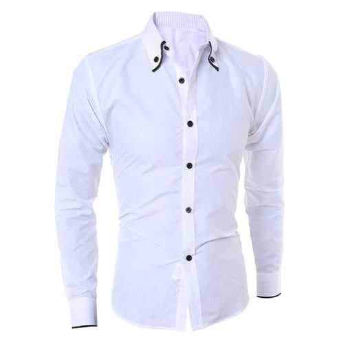 Turn-Down Collar Color Block Purfled Long Sleeve Men's Button-Down Shirt - White 2xl