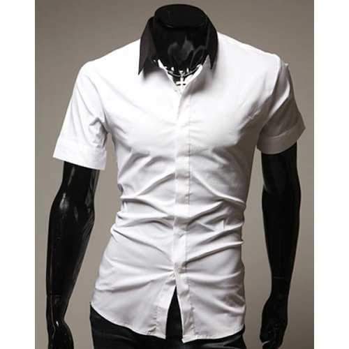 Turn-Down Collar Color Block Splicing Short Sleeve Slim Fit Men's Shirt - White L