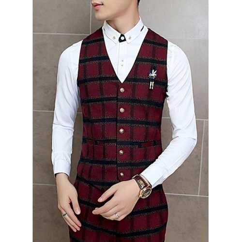 Slim Fit V-Neck Single Breasted Plaid Waistcoat For Men - Red M
