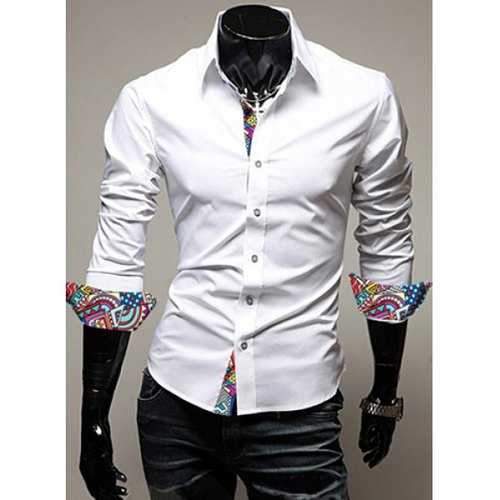 Turn-Down Collar Colorful Print Splicing Long Sleeve Men's Shirt - White M