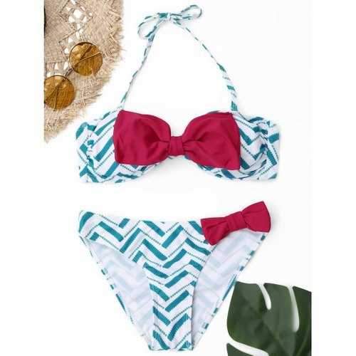 Halter Zigzag Bowknot Bikini Set - Light Blue L