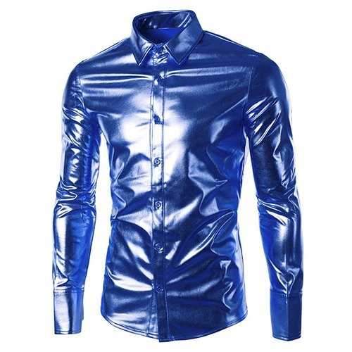 Long Sleeve Metallic Button Up Shirt - Sapphire Blue L