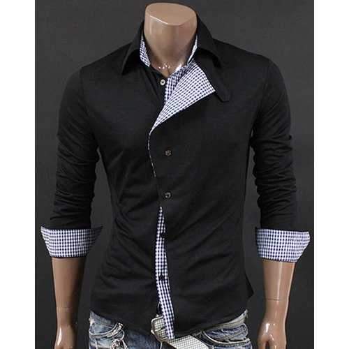 Turn-Down Collar Checked Splicing Design Long Sleeve Shirt For Men - Black Xl