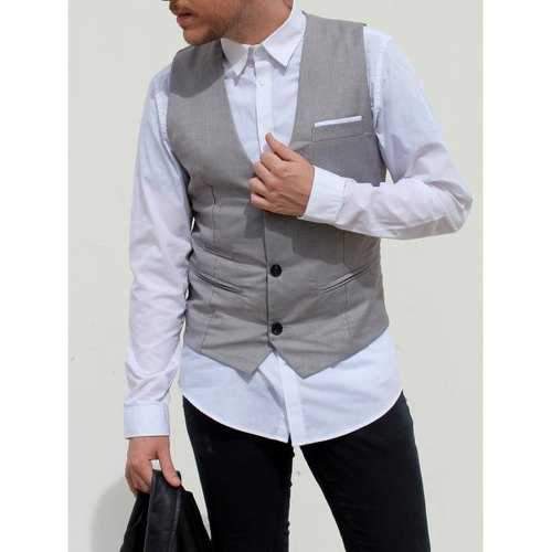 V-Neck Single Breasted Edging Solid Color Sleeveless Waistcoat For Men - Gray 2xl